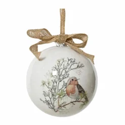 KAEMINGK Boule de Noël (D100 mm) Moineau sauvage et noeud Naturel Blanc New
