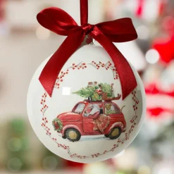 KAEMINGK Boule de Noël (D100 mm) Noeud rouge Voiture du Père Noël Blanc Sale
