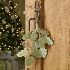 KAEMINGK Branche à suspendre en feutrine (H28 cm) Houx de Noël et baies Rouge Vert New