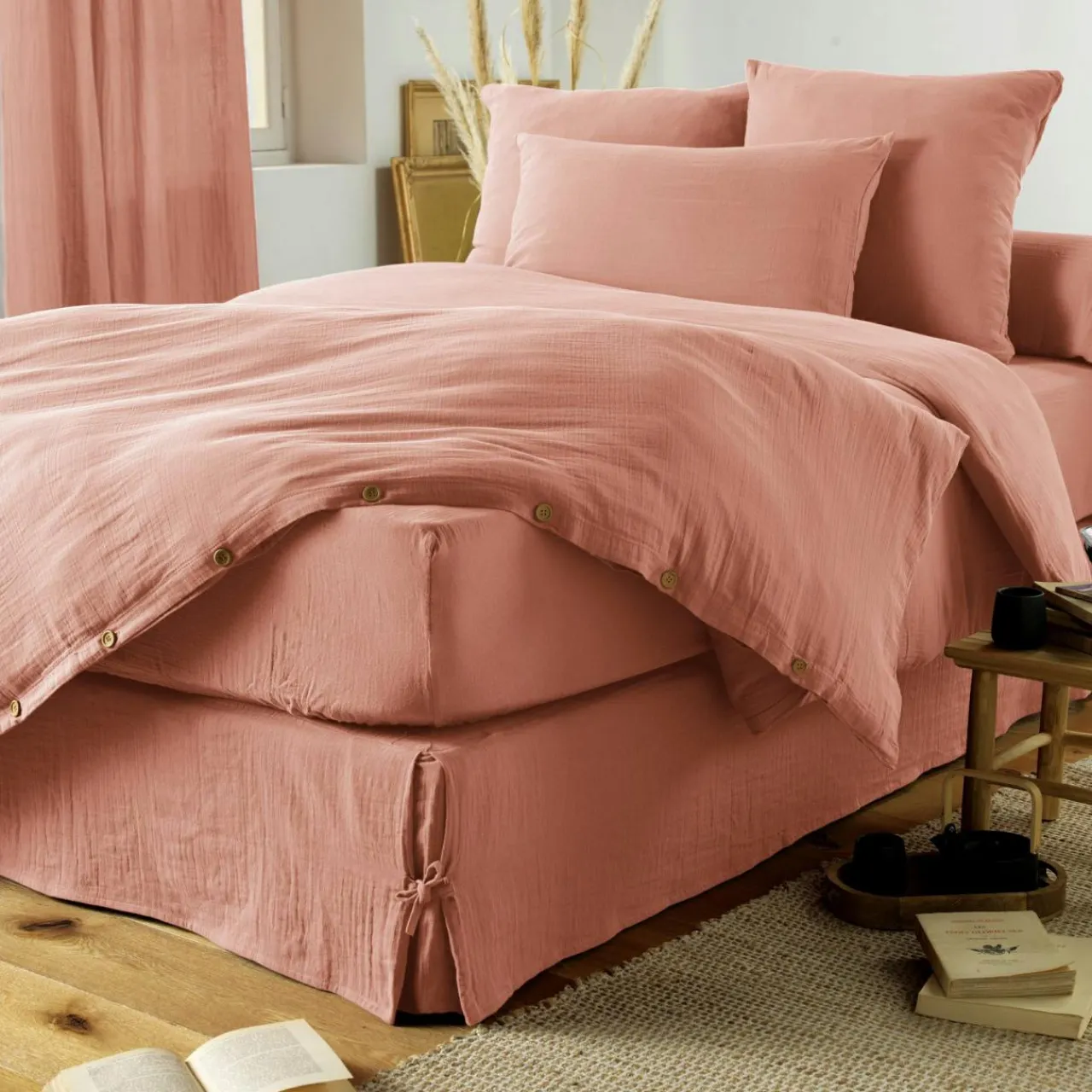 EMINZA Cache-sommier Gaze de coton (140 x 190 cm) Gaïa Rose Pêche Online
