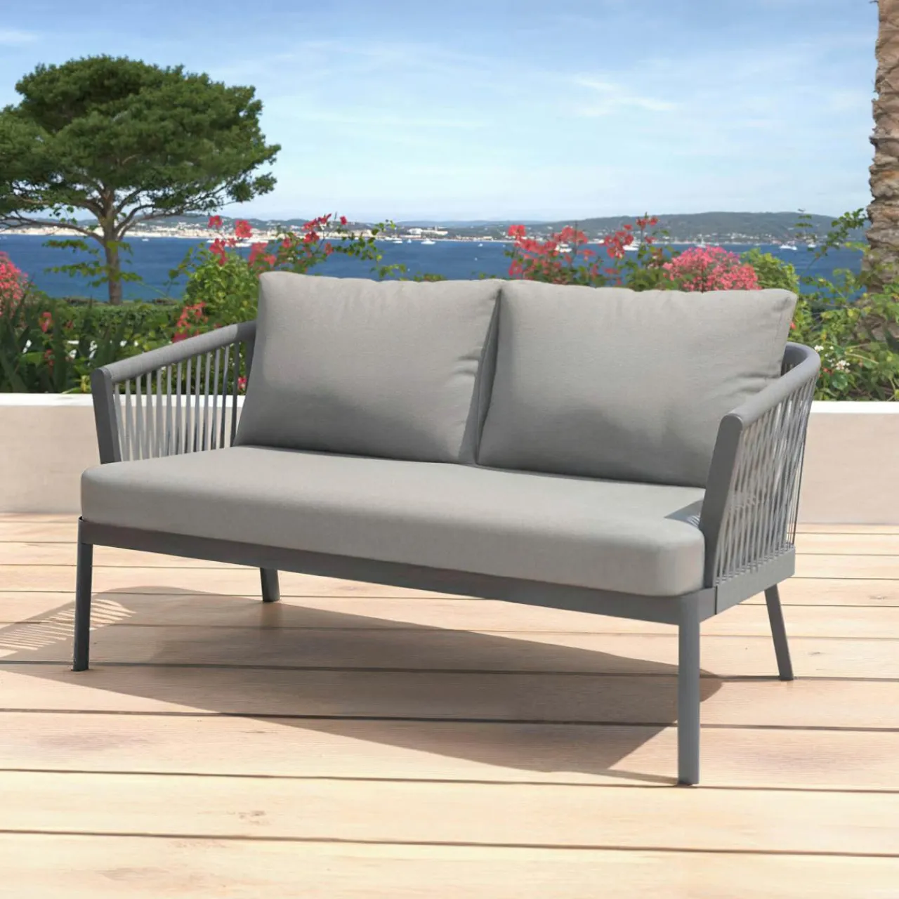 MOBELLIA Canapé de jardin en aluminium 2 places Amalfi Gris Anthracite