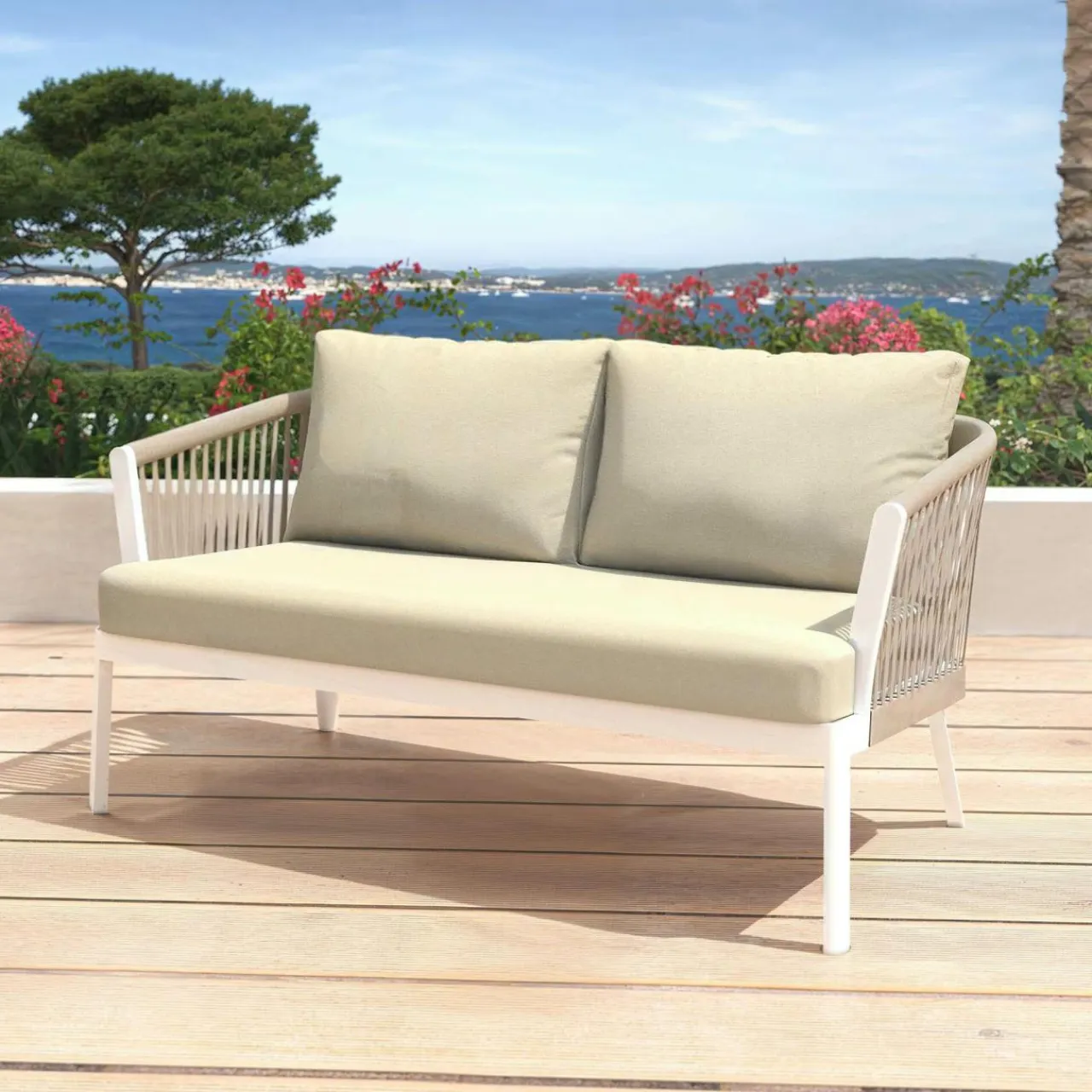 MOBELLIA Canapé de jardin en aluminium 2 places Amalfi Blanc et beige Blanc - Beige Online