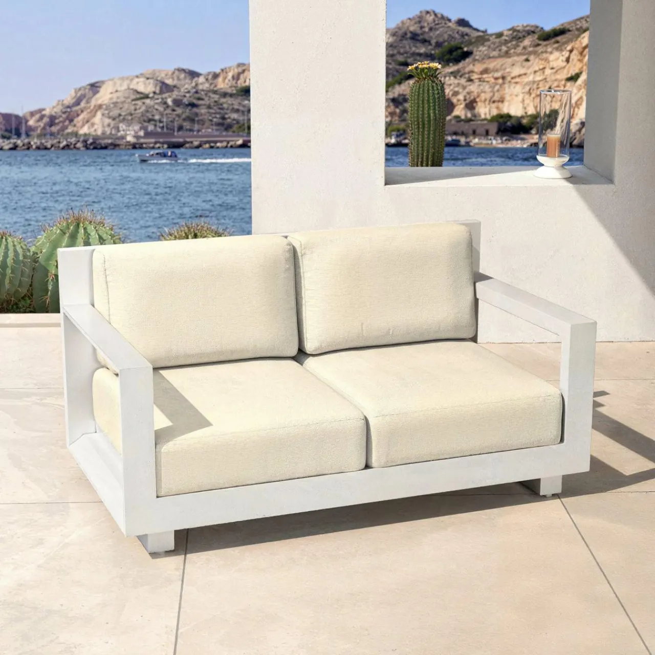 MOBELLIA Canapé de jardin en aluminium 2 places Elba Blanc et beige Blanc - Beige New