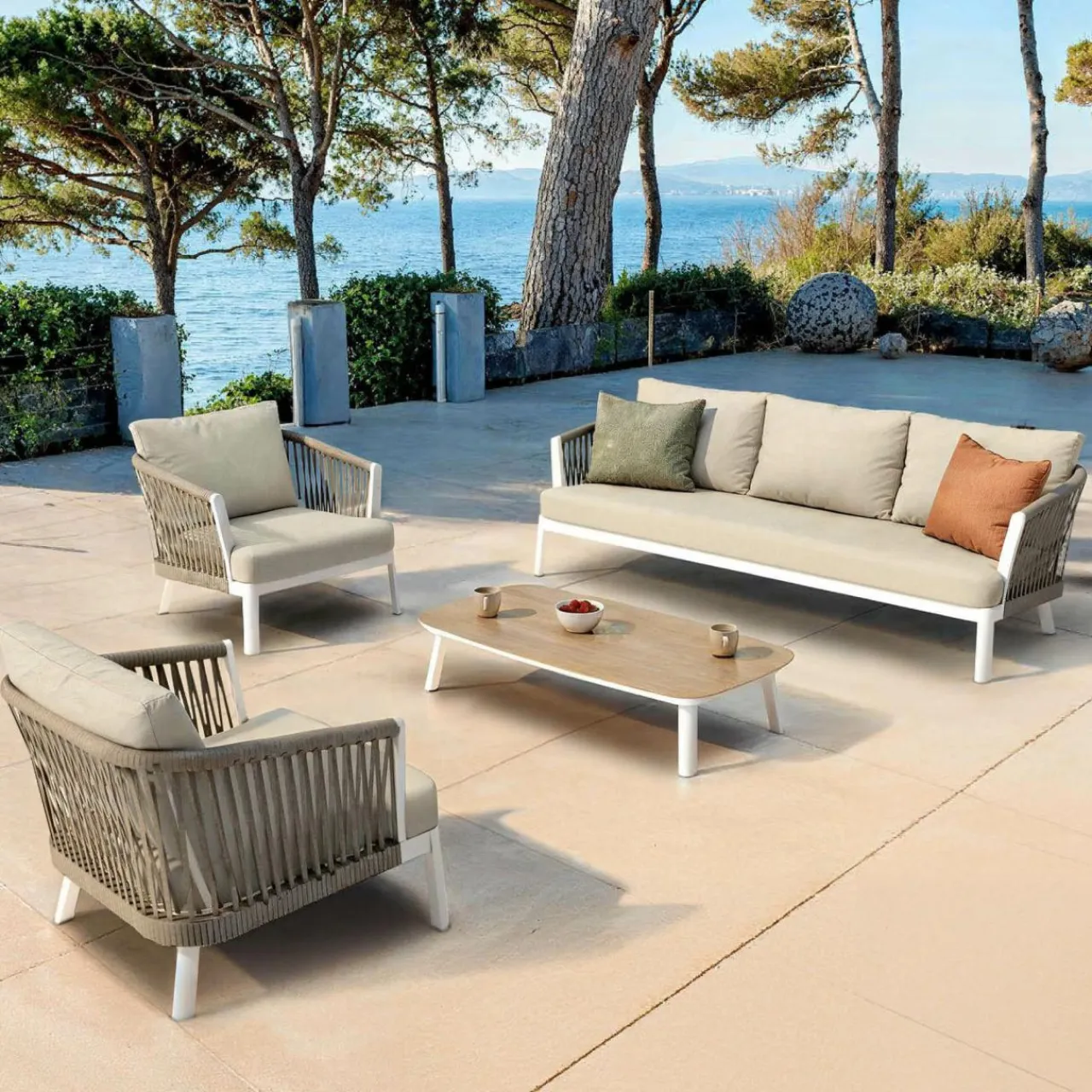 MOBELLIA Canapé de jardin en aluminium 3 places Amalfi Blanc et beige Blanc - Beige Best