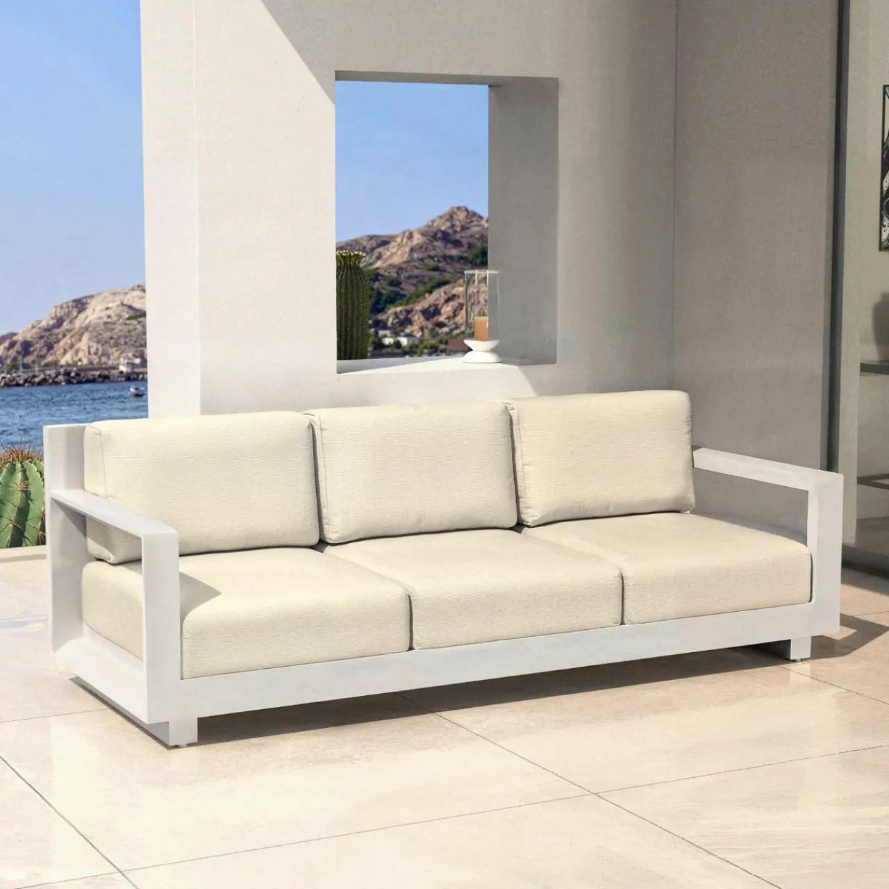 MOBELLIA Canapé de jardin en aluminium 3 places Elba Blanc et beige Blanc - Beige Online