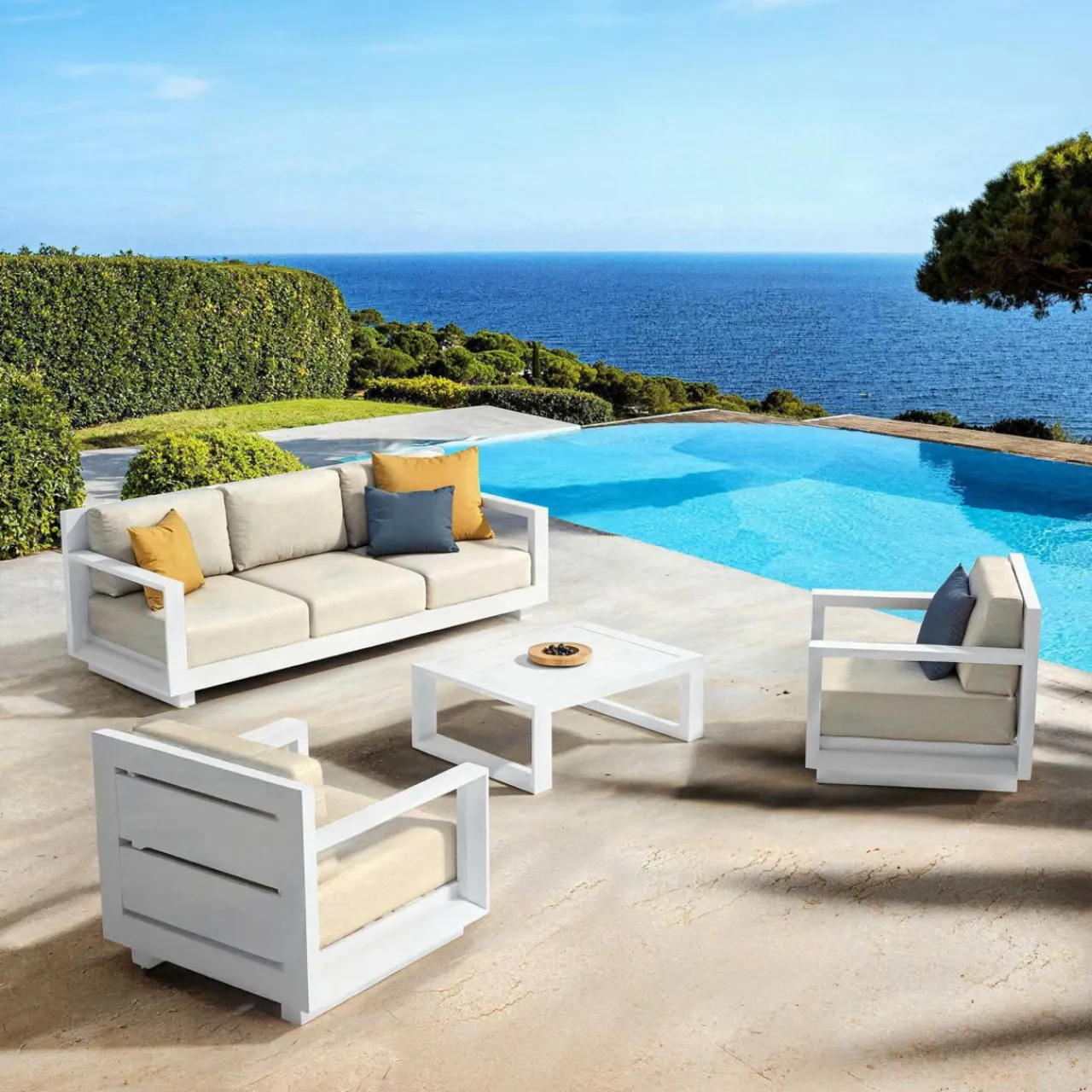 MOBELLIA Canapé de jardin en aluminium 3 places Elba Blanc et beige Blanc - Beige Online