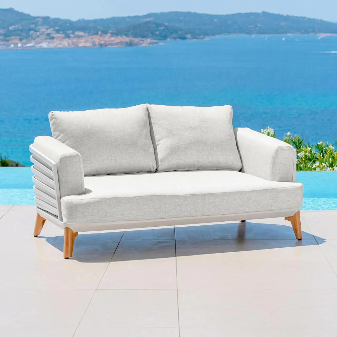 MOBELLIA Canapé de jardin en aluminium 2 places Monte Carlo Blanc et gris clair Blanc - Gris Clair