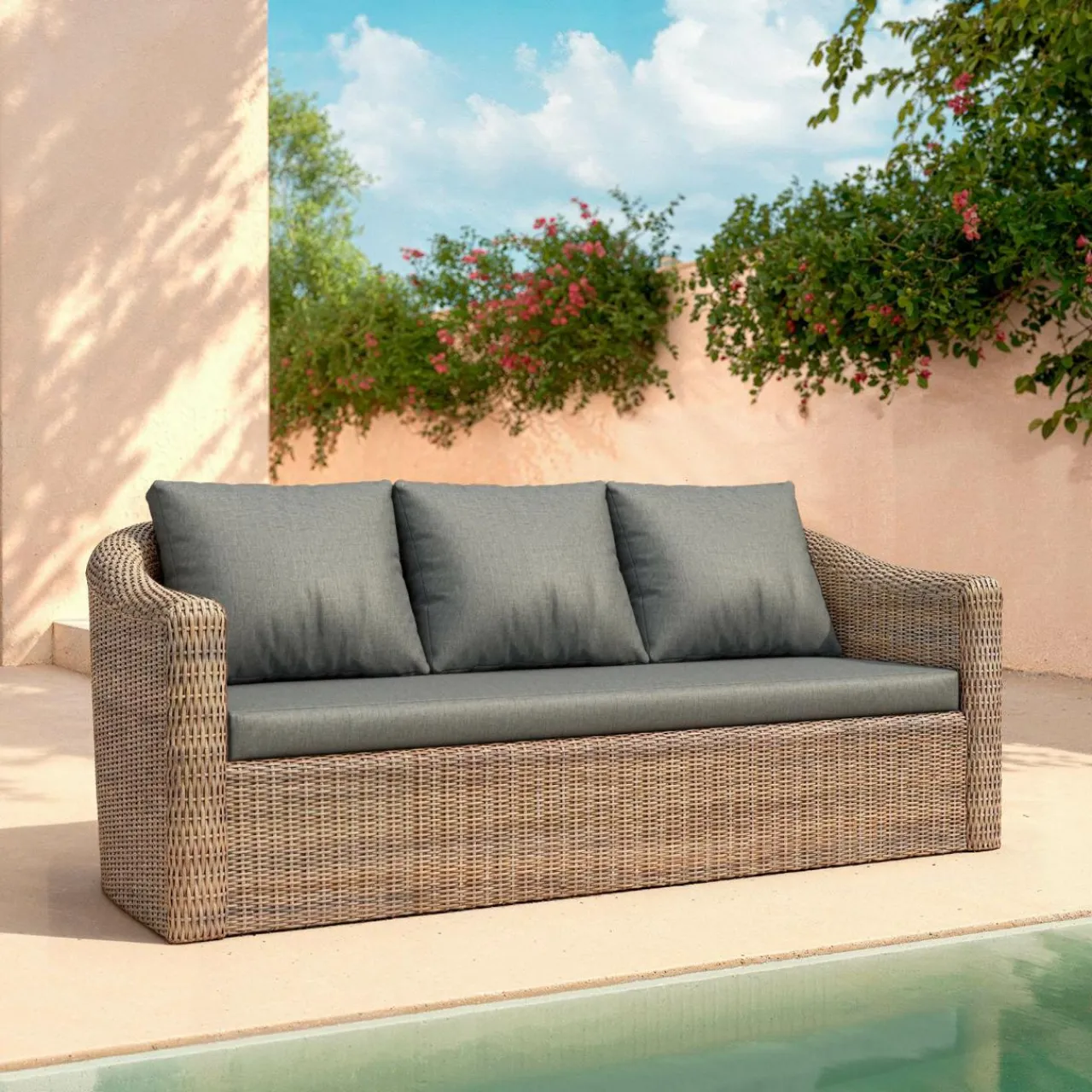 MOBELLIA Canapé de jardin en résine tressée 3 places Calvi Sépia et gris foncé Tressé Sepia - Anthracite Outlet