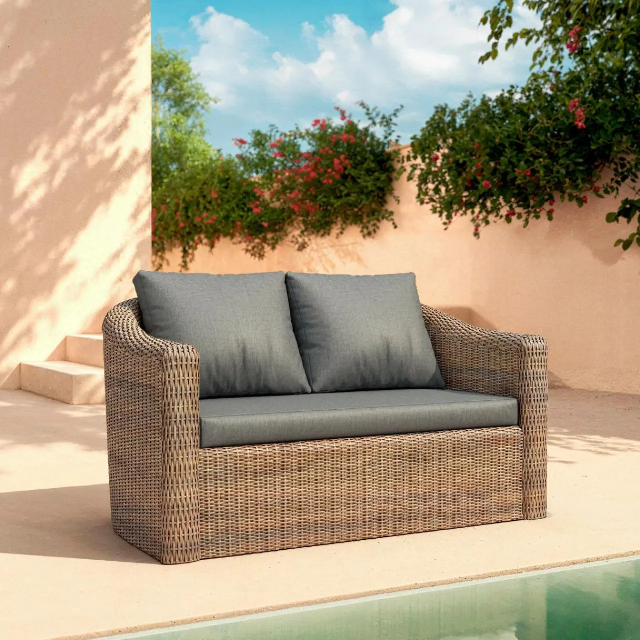 MOBELLIA Canapé de jardin en résine tressée 2 places Calvi Sépia et gris foncé Tressé Sepia - Anthracite Hot