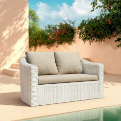 MOBELLIA Canapé de jardin en résine tressée 2 places Calvi Blanc et taupe Tressé Blanc - Taupe Hot