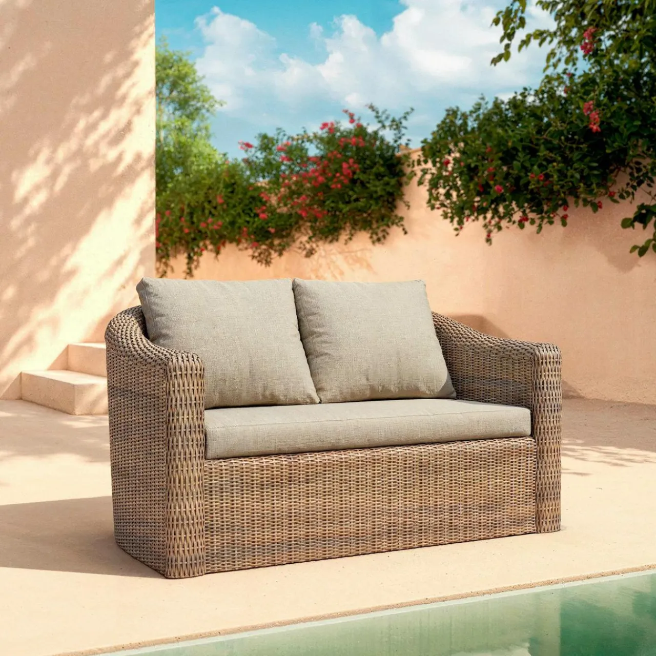MOBELLIA Canapé de jardin en résine tressée 2 places Calvi Sépia et taupe Tressé Sepia - Taupe Best