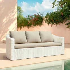 MOBELLIA Canapé de jardin en résine tressée 3 places Calvi Blanc et taupe Tressé Blanc - Taupe Discount