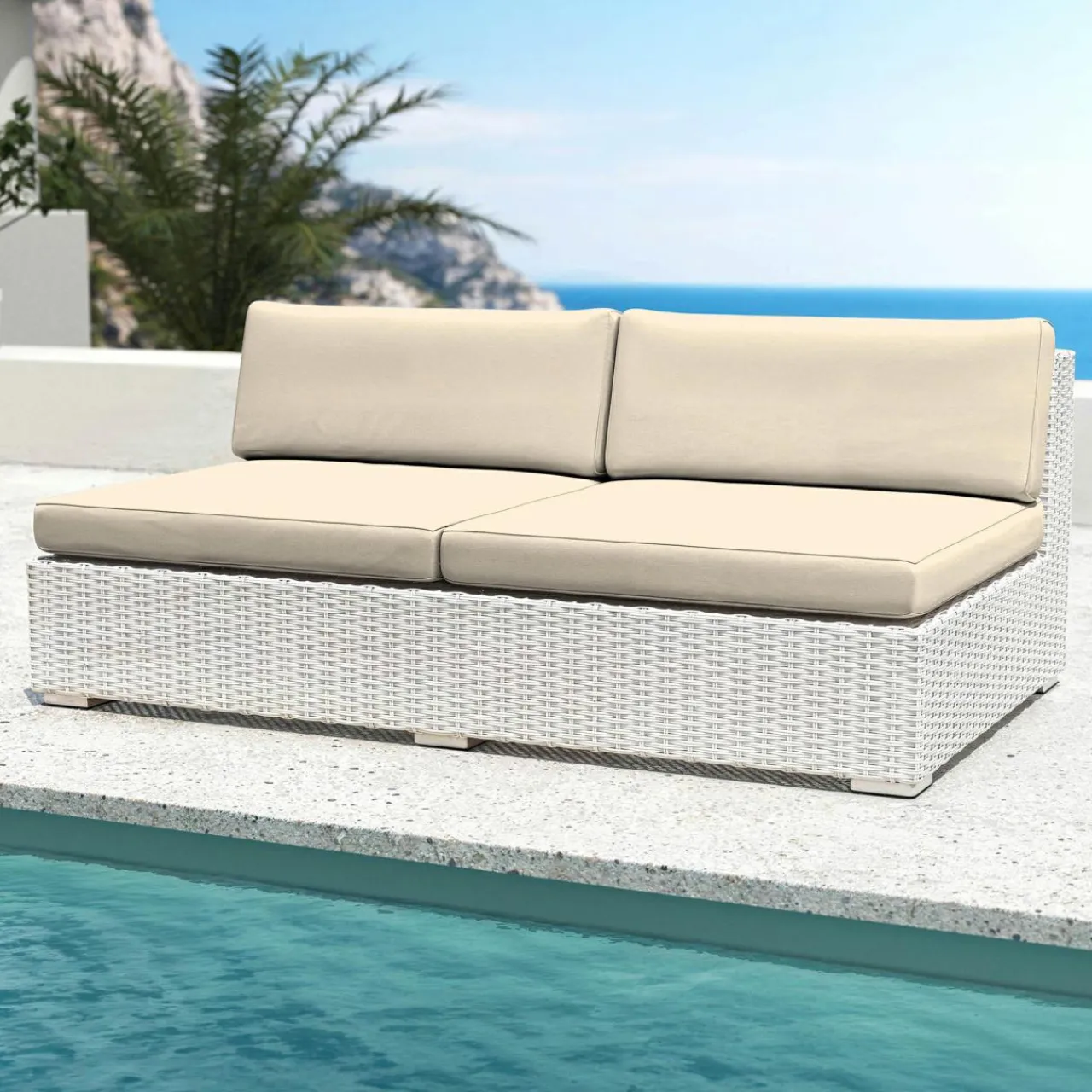 MOBELLIA Chauffeuse de jardin en résine tressée 2 places Palma Blanc et beige Tresse Blanc - Beige Clearance