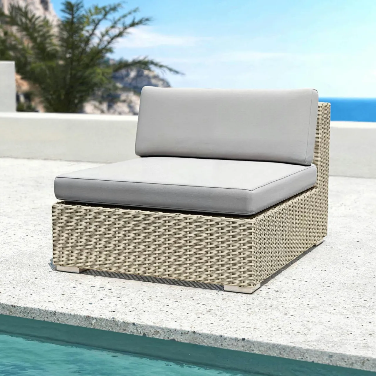 MOBELLIA Chauffeuse de jardin en résine tressée Palma Gris Tresse Gris - Gris Discount