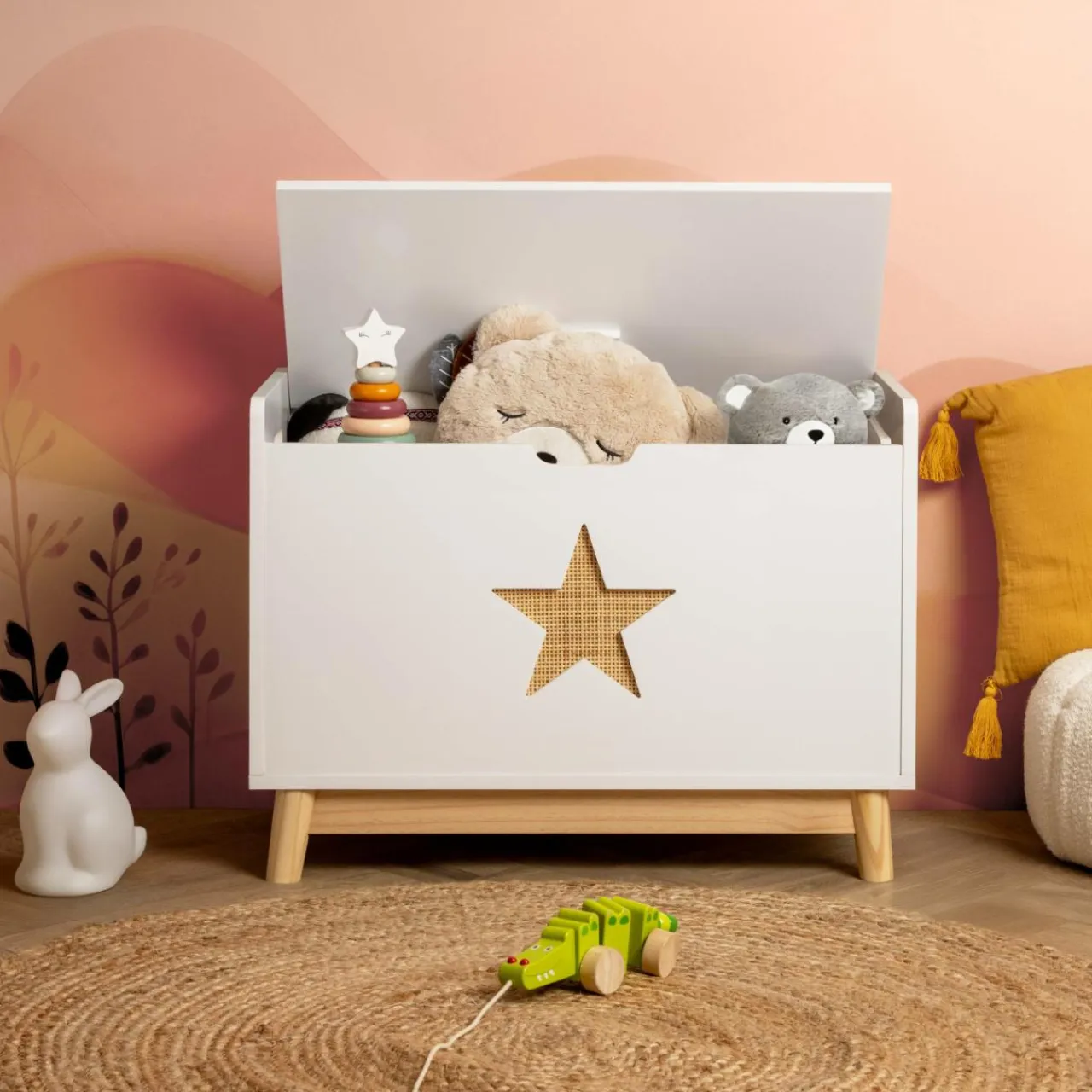 EMINZA Coffre à jouet avec couvercle enfant bois (H51 cm) Stars Blanc Hot