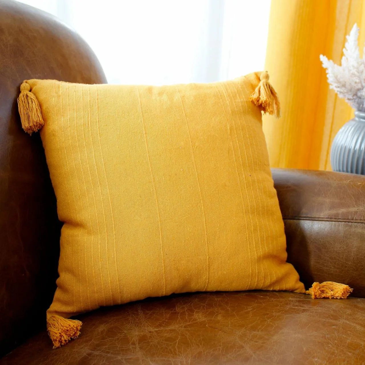 ENJOY HOME Coussin carré coton recyclé (40 x 40 cm) Bombay Jaune moutarde Outlet