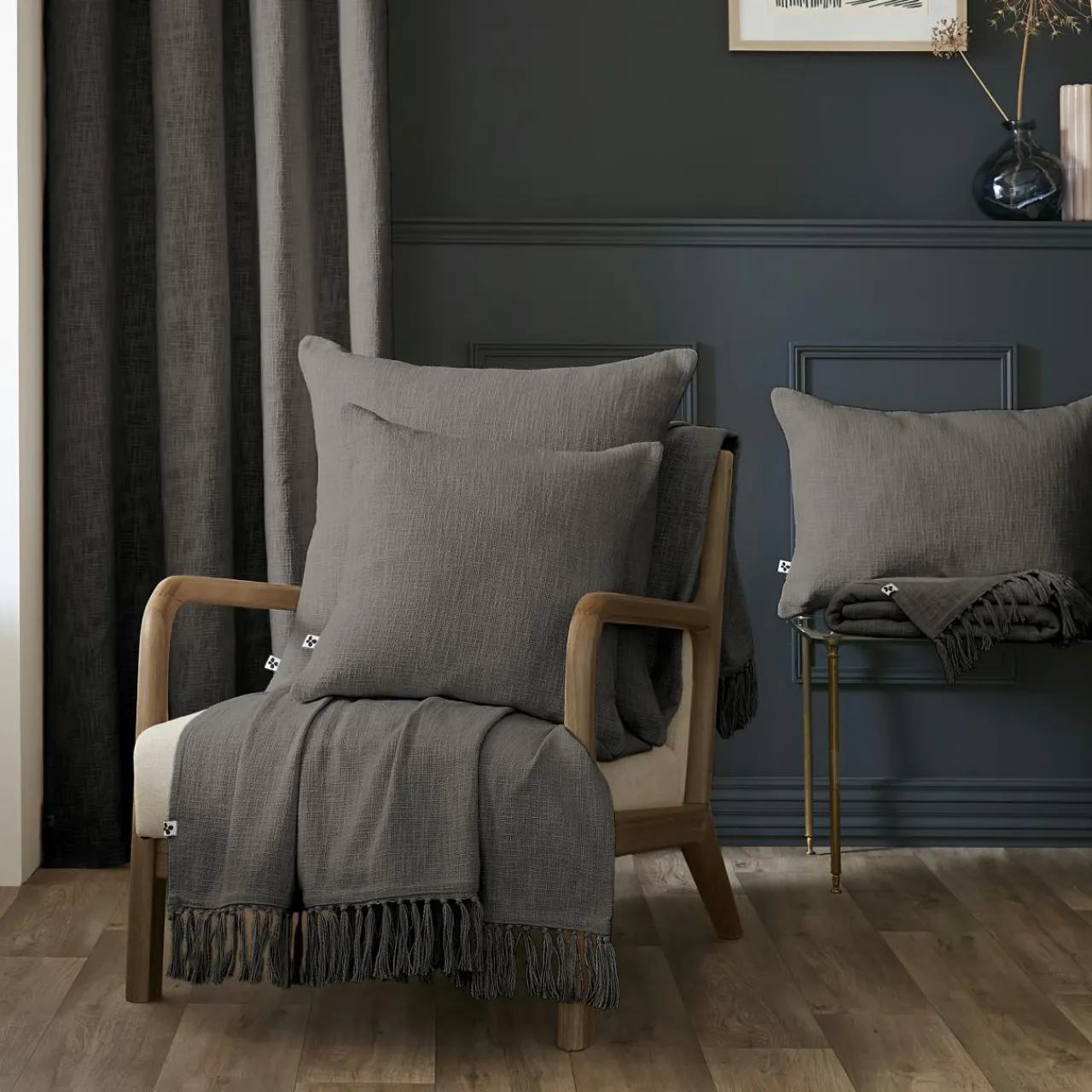 L'EFFET PAPILLON Coussin carré coton (60 x 60 cm) Sixtine Gris ardoise Gris foncé Outlet