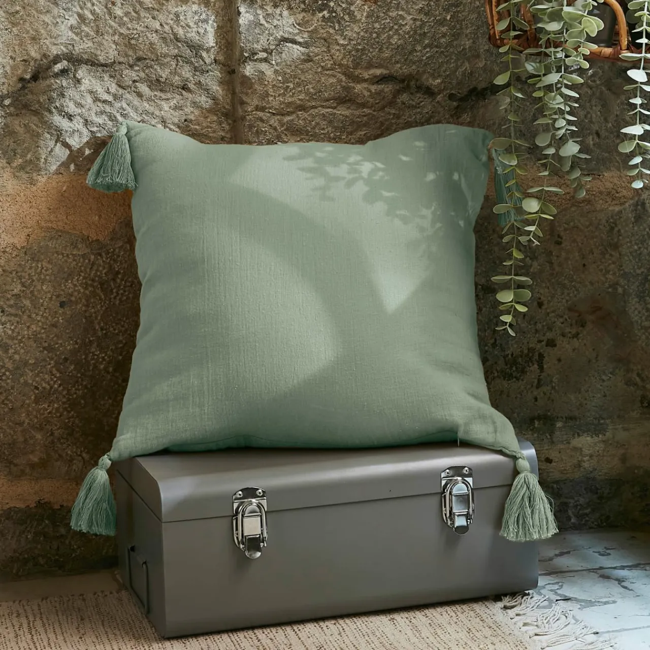 EMINZA Coussin carré gaze de coton (40 x 40 cm) Gaïa Vert Eucalyptus Clearance