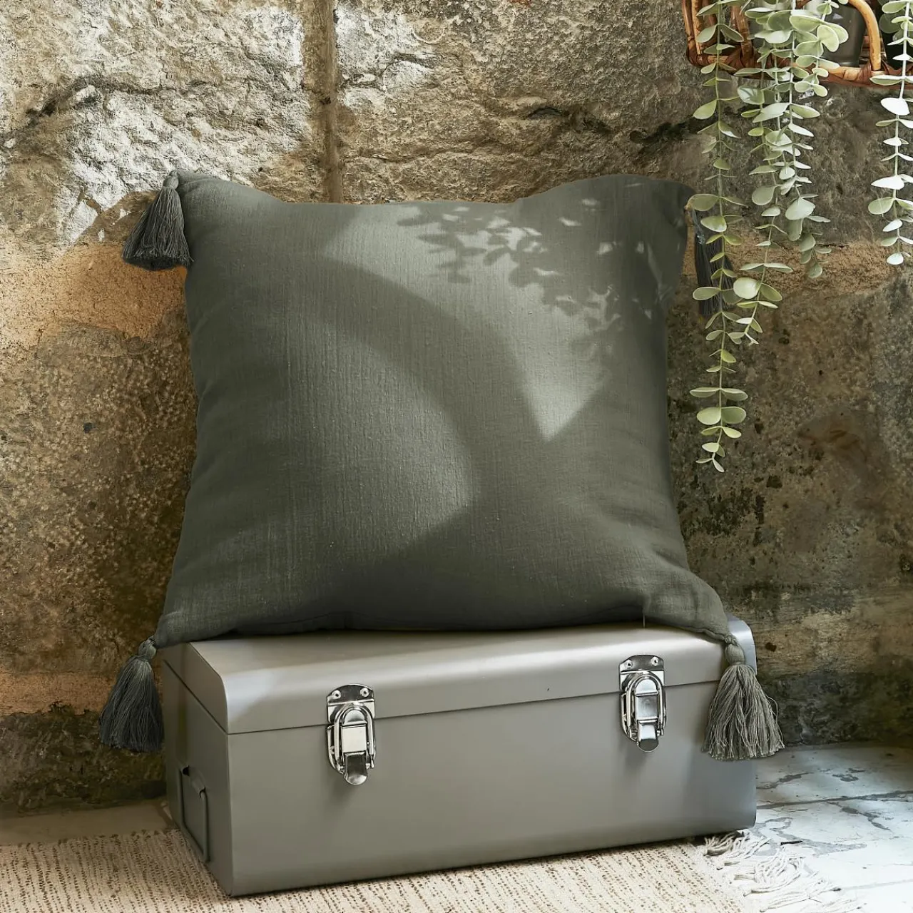 EMINZA Coussin carré gaze de coton (40 x 40 cm) Gaïa Vert romarin