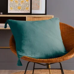 EMINZA Coussin carré gaze de coton (60 x 60 cm) Gaïa Bleu canard New
