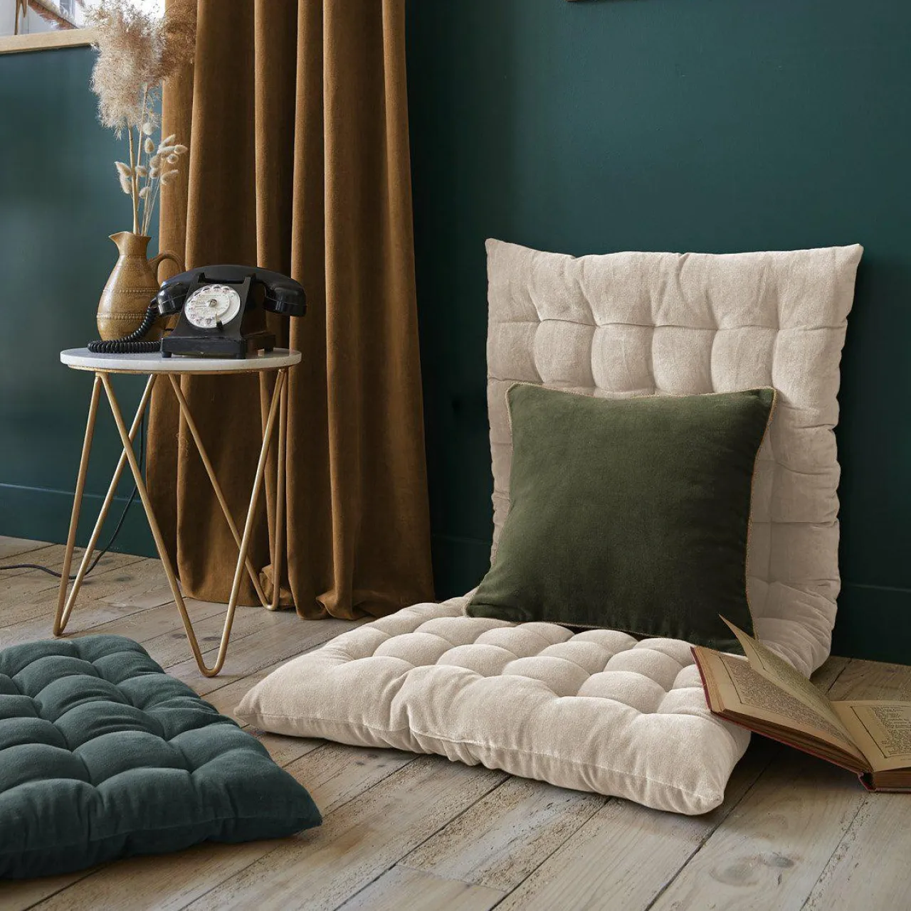 EMINZA Coussin carré velours de coton (45 x 45 cm) Victor thym Vert