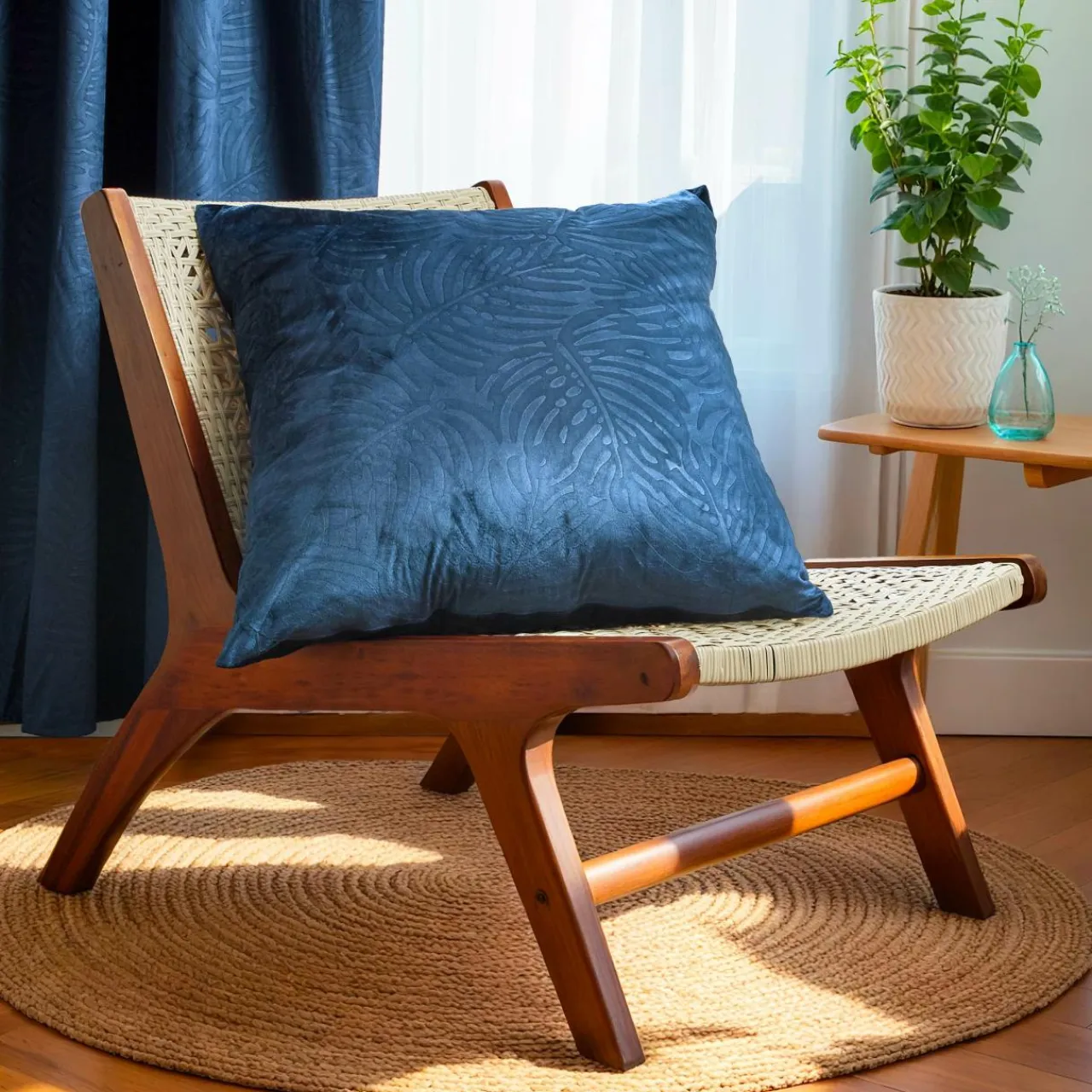 EMINZA Coussin carré velours (60 x 60 cm) Fern Bleu marine Best