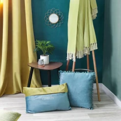 ATMOSPHERA Coussin carré (40 x 40 cm) Pompons Bleu canard Online