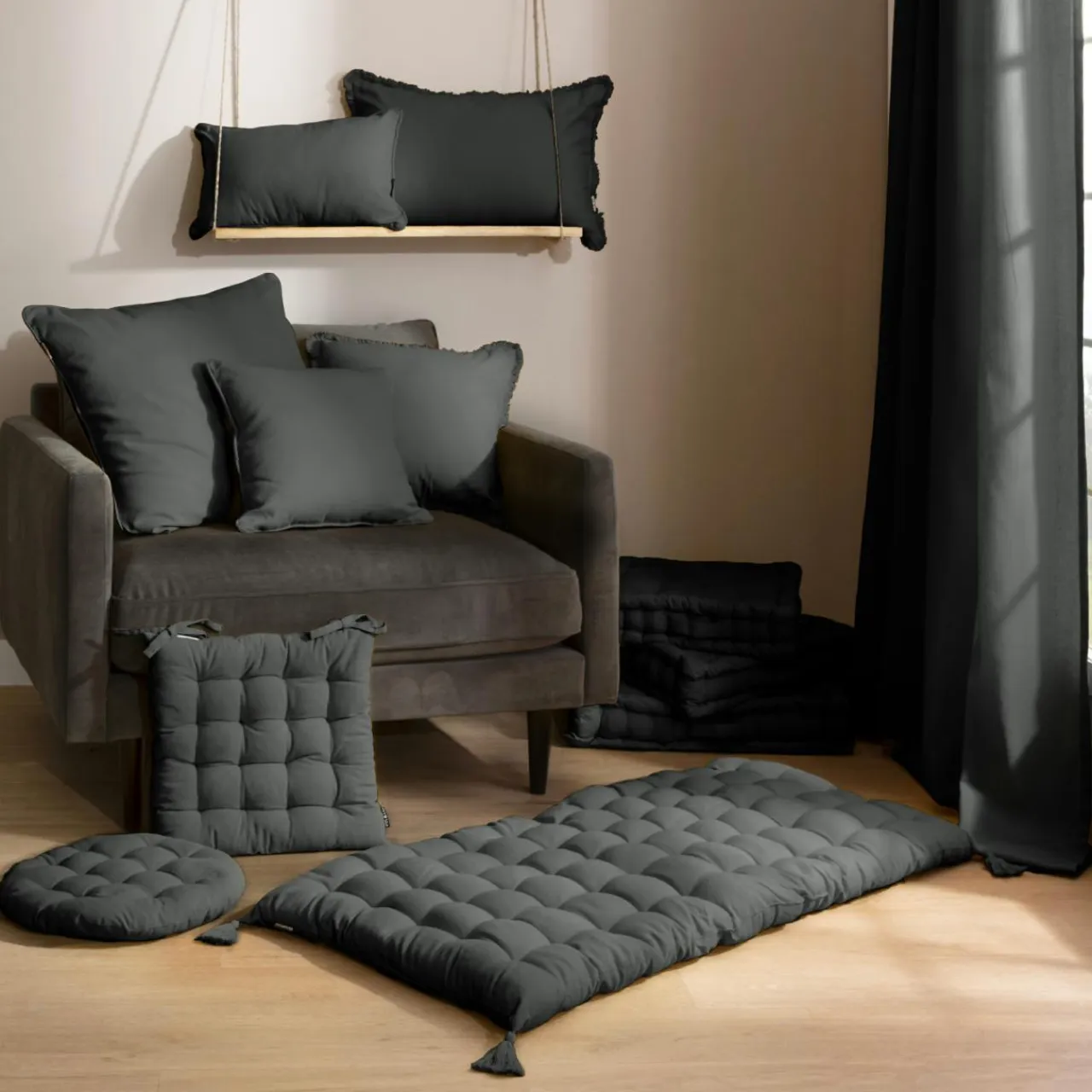 EMINZA Coussin de chaise carré coton (40 x 40 cm) Pixel Gris Anthracite Clearance