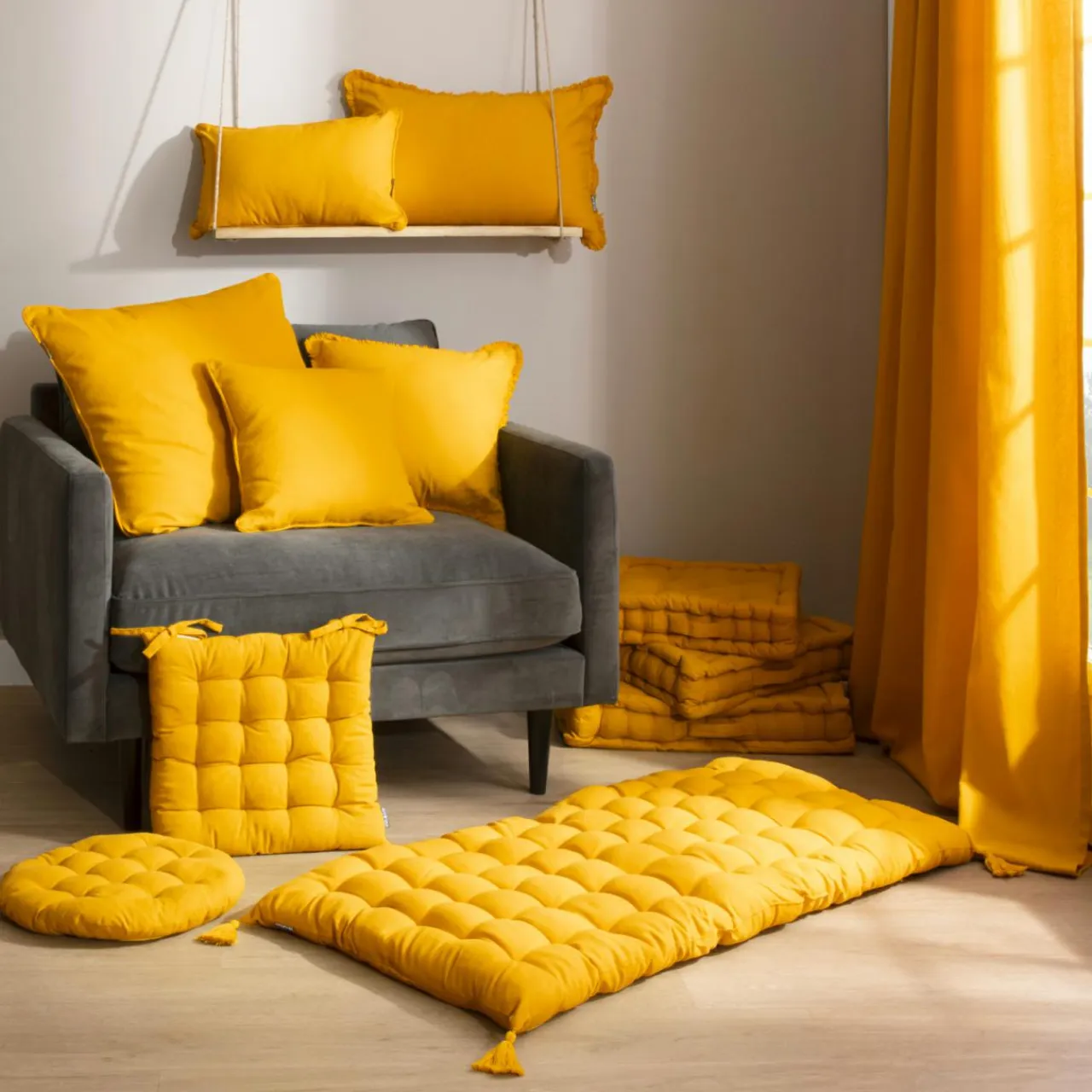 EMINZA Coussin de chaise rond coton (40 cm) Pixel Jaune moutarde