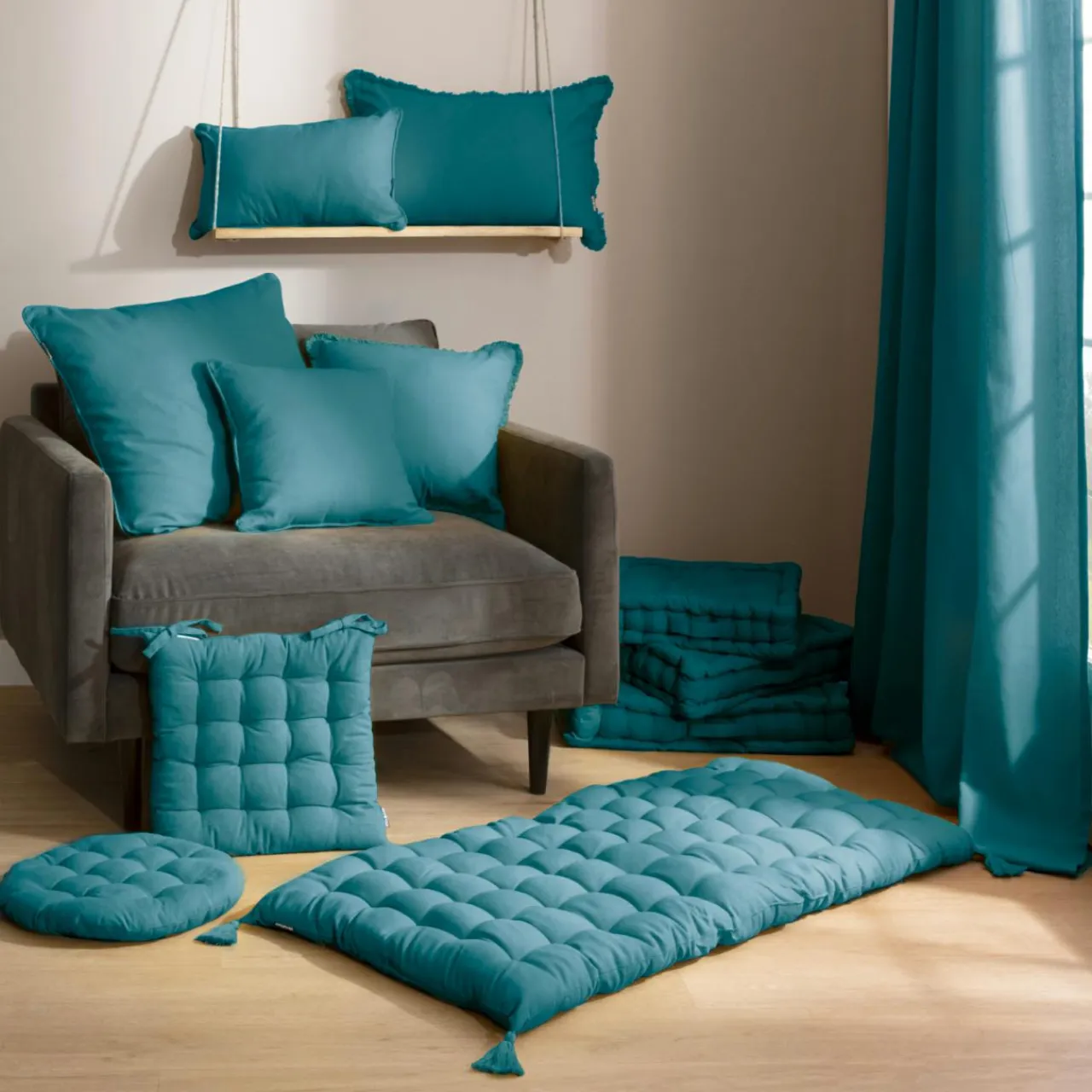 EMINZA Coussin de chaise rond coton (40 cm) Pixel Bleu canard Best