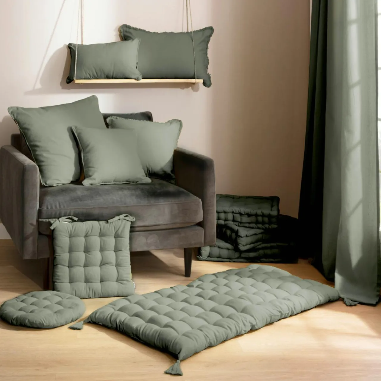 EMINZA Coussin de chaise rond coton (40 cm) Pixel Vert kaki Best