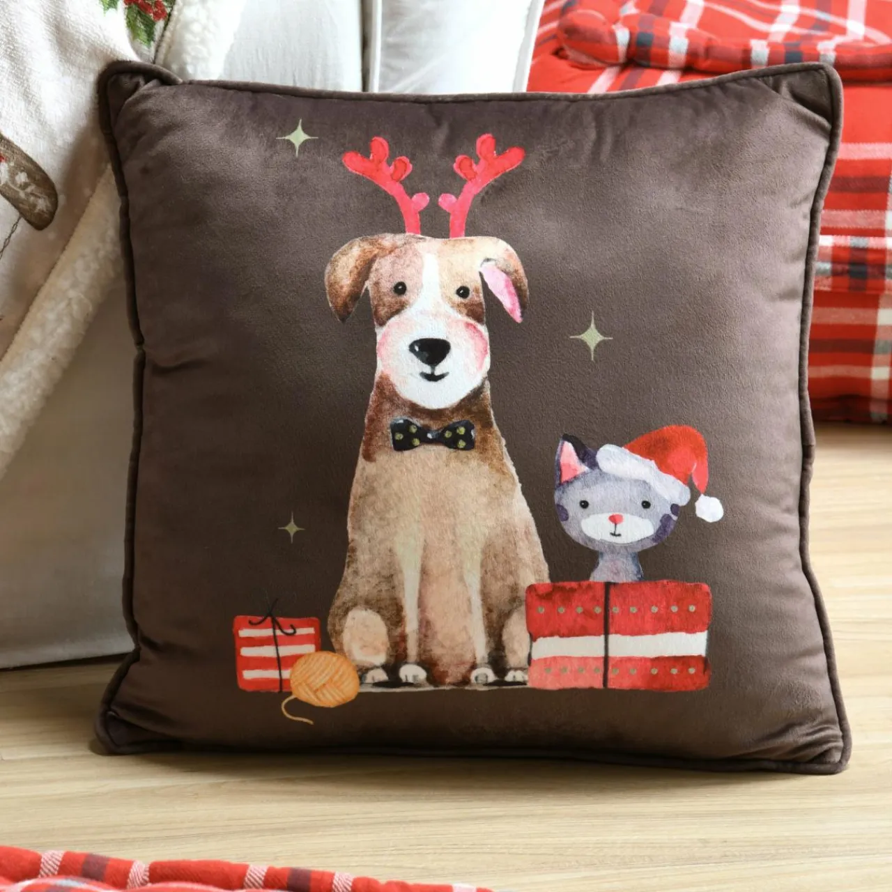 LOVELY CASA Coussin Noël carré (40 cm) Joyeux Marron Chocolat Hot