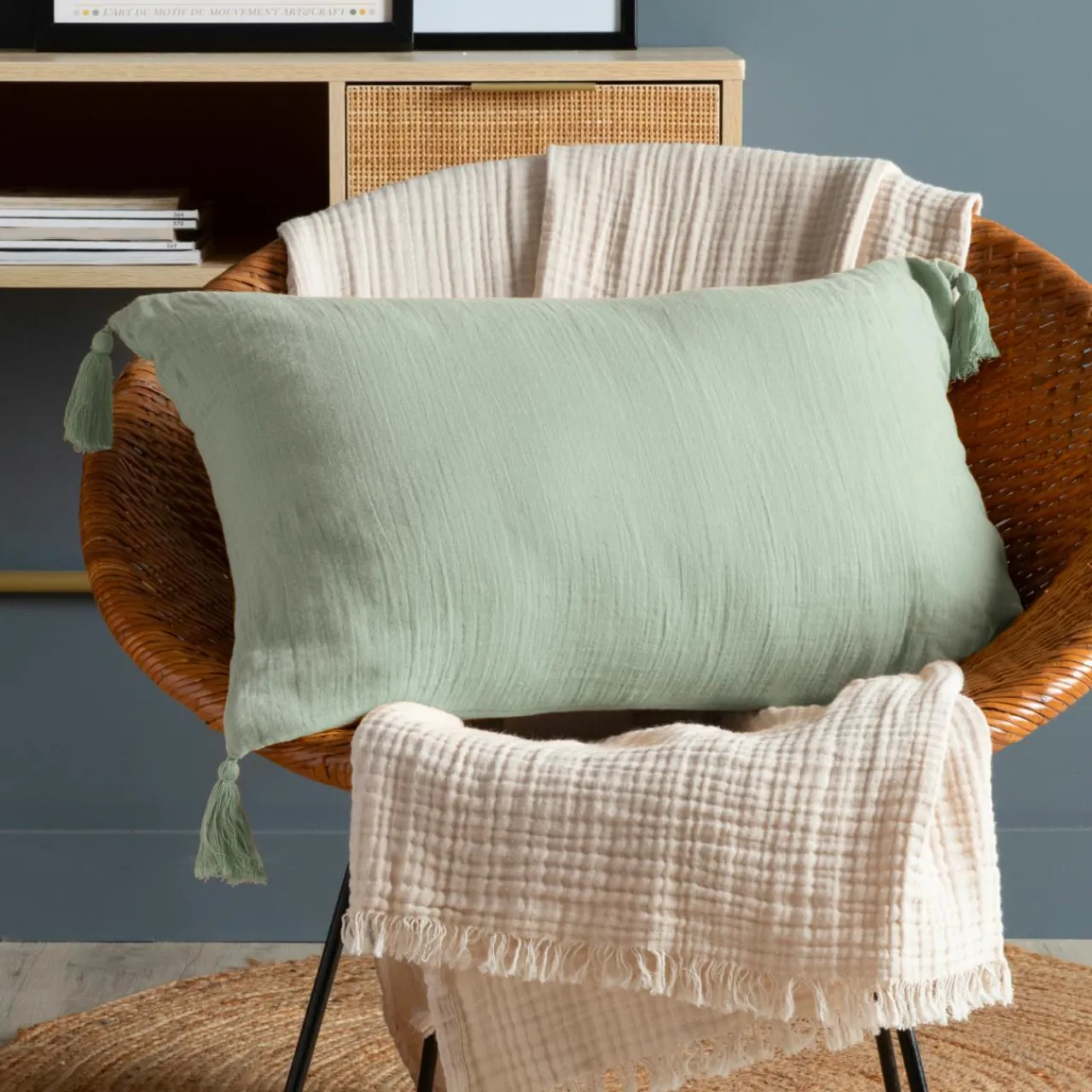EMINZA Coussin rectangulaire gaze de coton (40 x 60 cm) Gaïa Vert Eucalyptus Outlet
