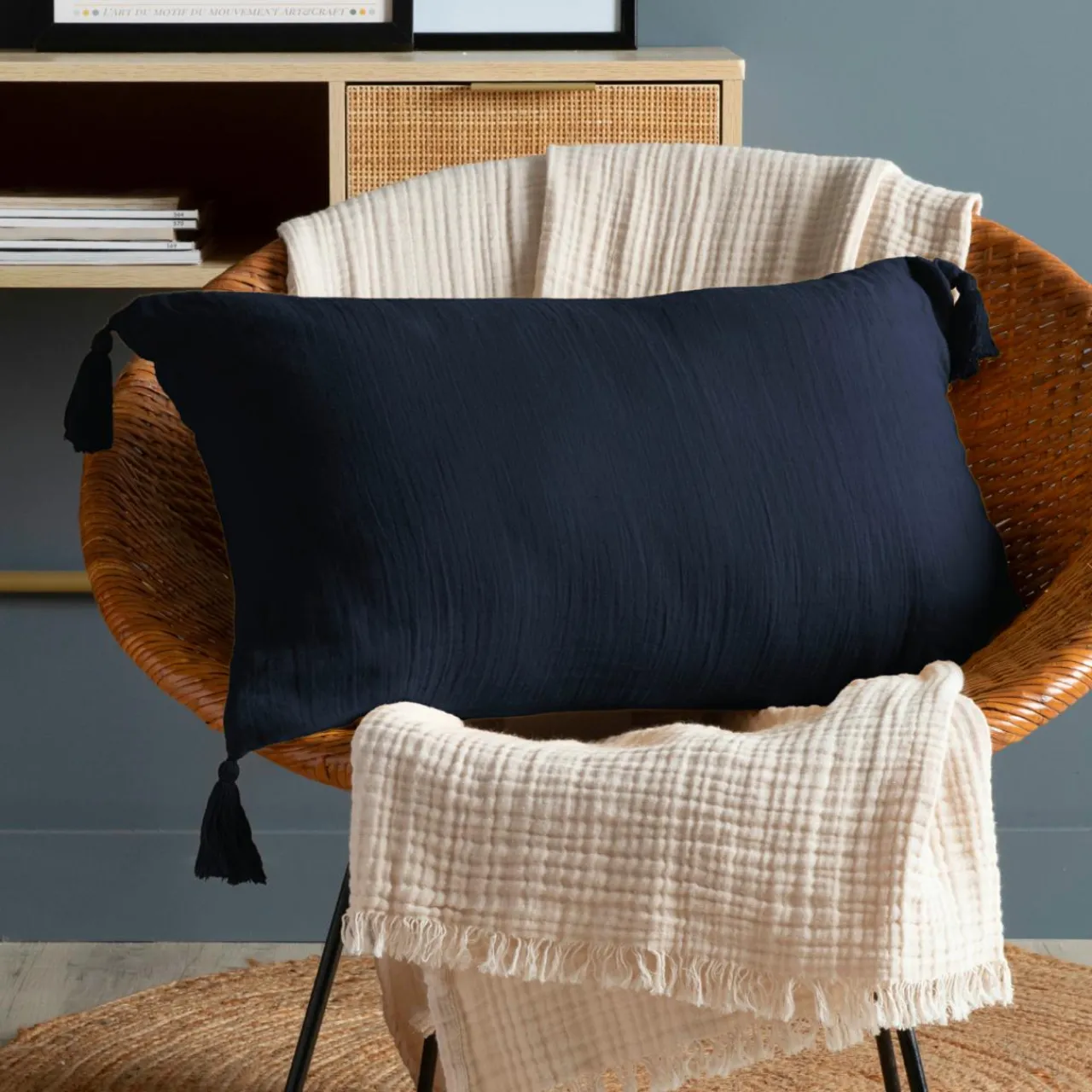 EMINZA Coussin rectangulaire gaze de coton (40 x 60 cm) Gaïa Bleu nuit Best
