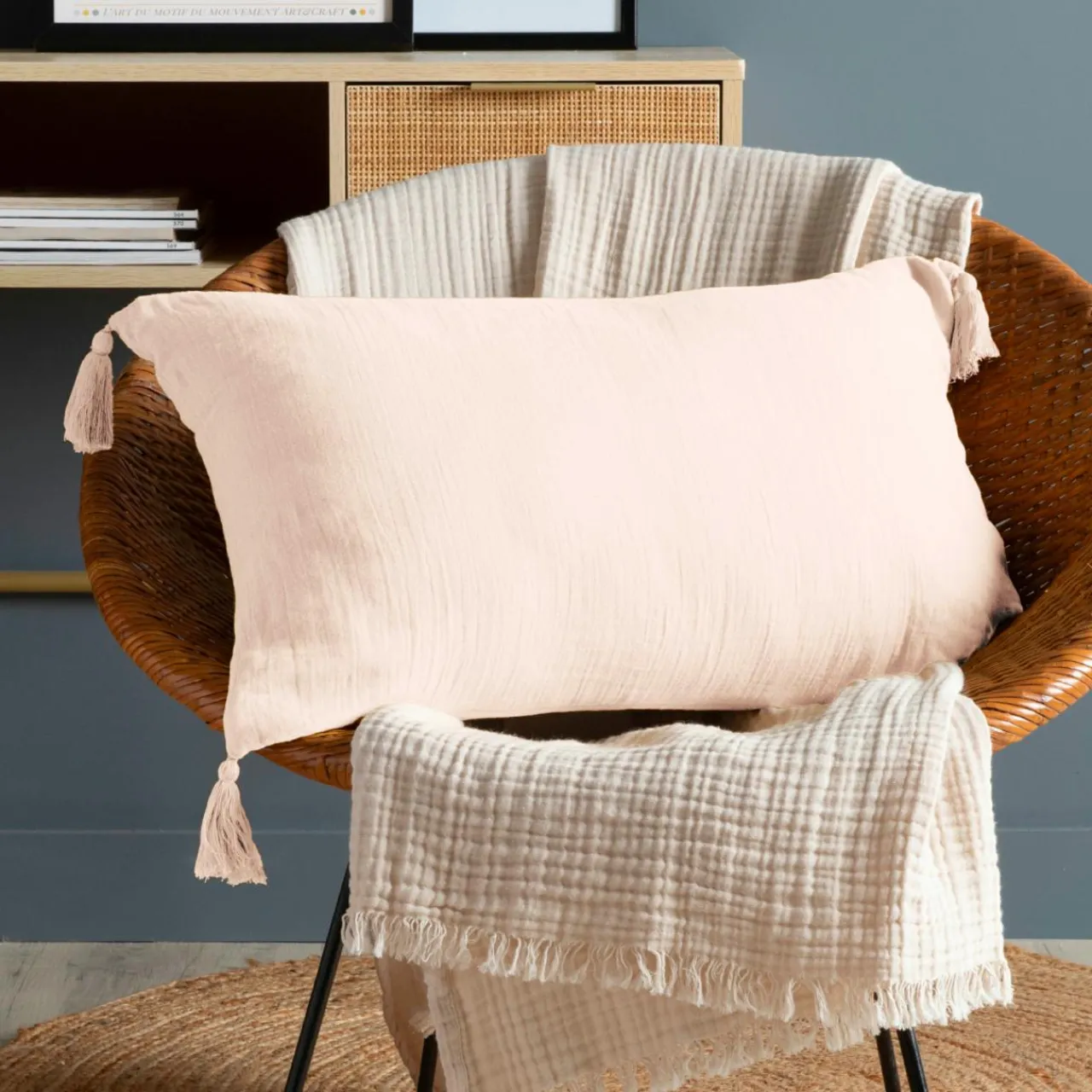 EMINZA Coussin rectangulaire gaze de coton (40 x 60 cm) Gaïa Rose poudré New