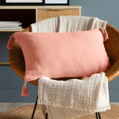 EMINZA Coussin rectangulaire gaze de coton (40 x 60 cm) Gaïa Rose Pêche Hot
