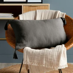 EMINZA Coussin rectangulaire gaze de coton (40 x 60 cm) Gaïa Gris granit Gris foncé Outlet