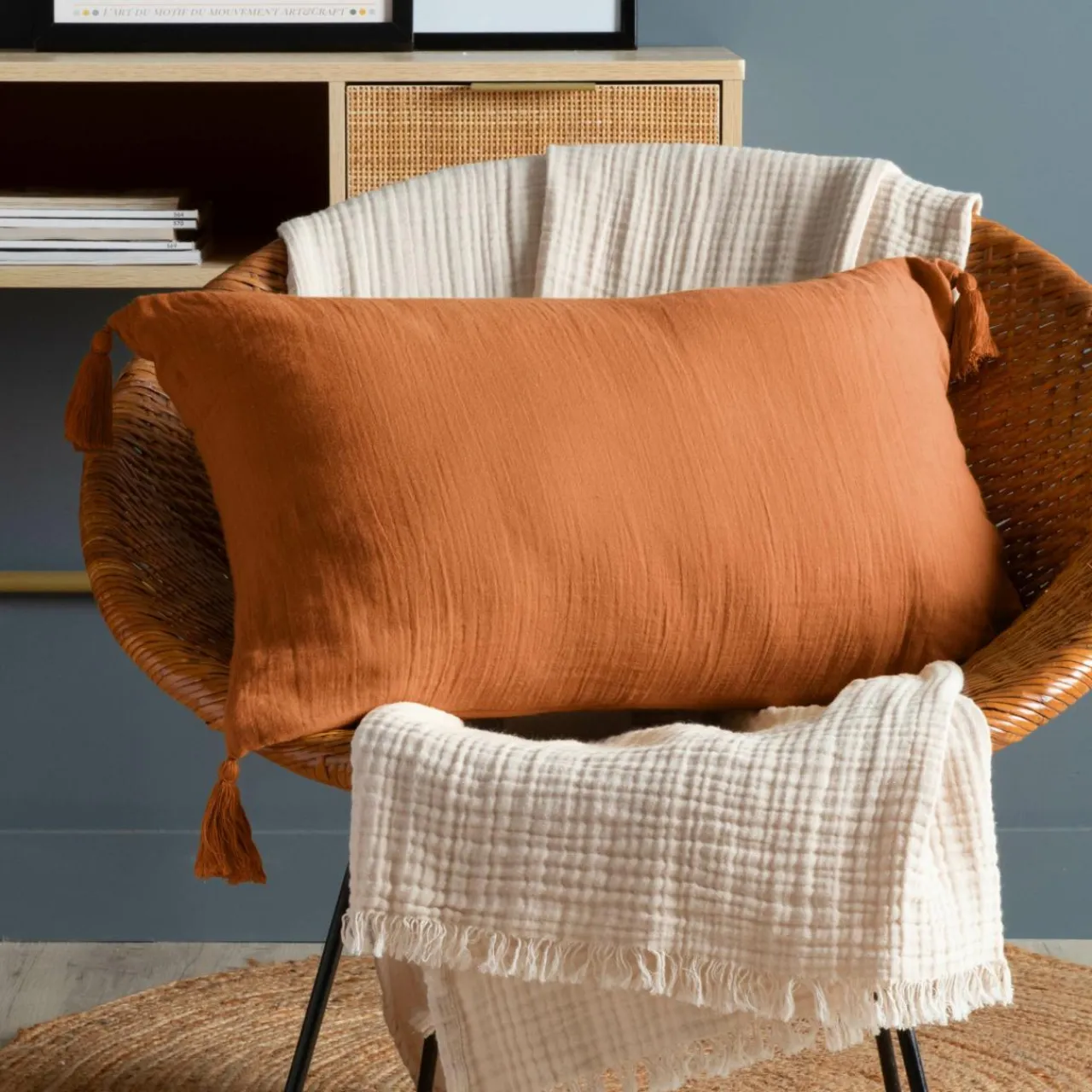 EMINZA Coussin rectangulaire gaze de coton (40 x 60 cm) Gaïa Abricot Discount
