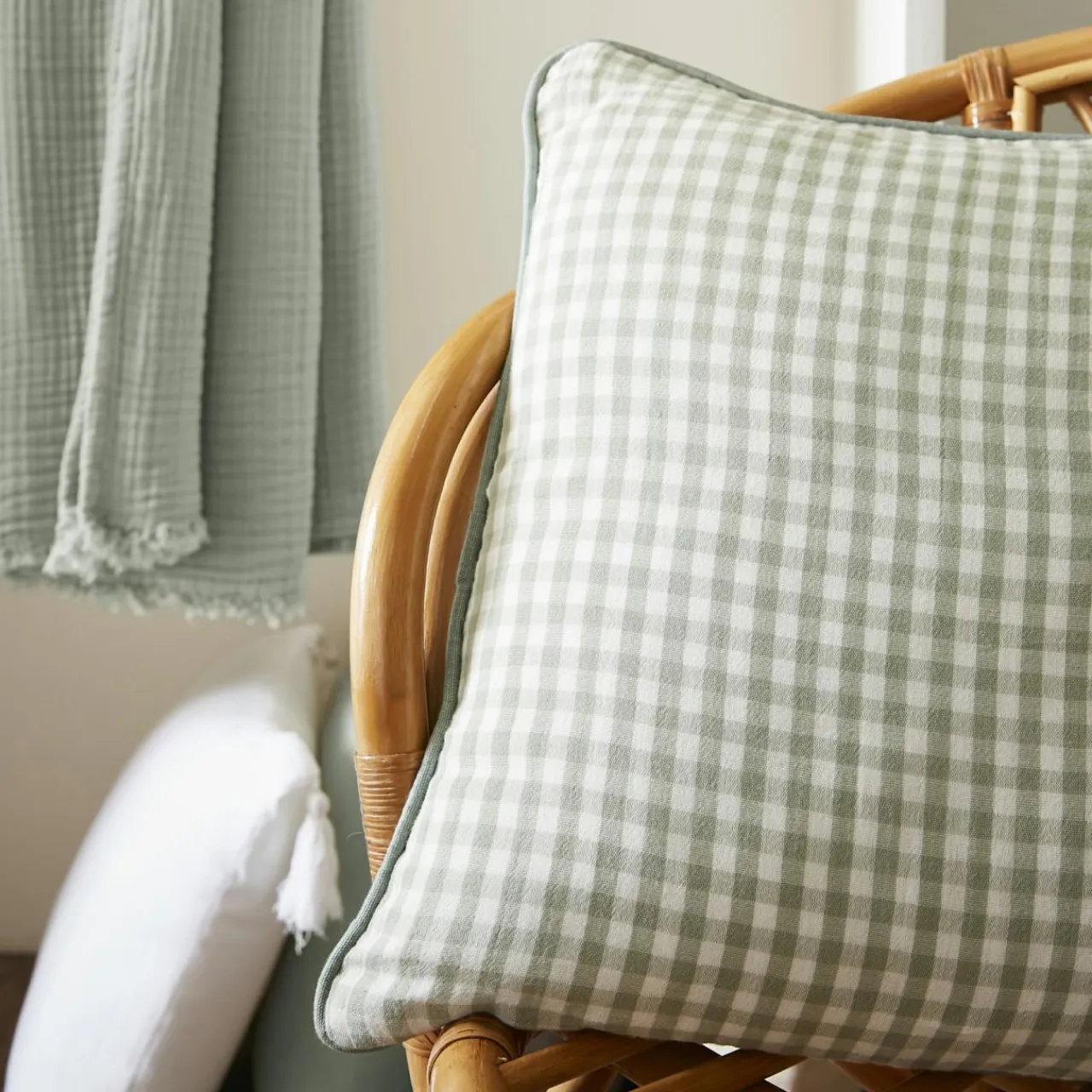 EMINZA Coussin rectangulaire gaze de coton (40 x 60 cm) Gaïa vichy Vert Eucalyptus