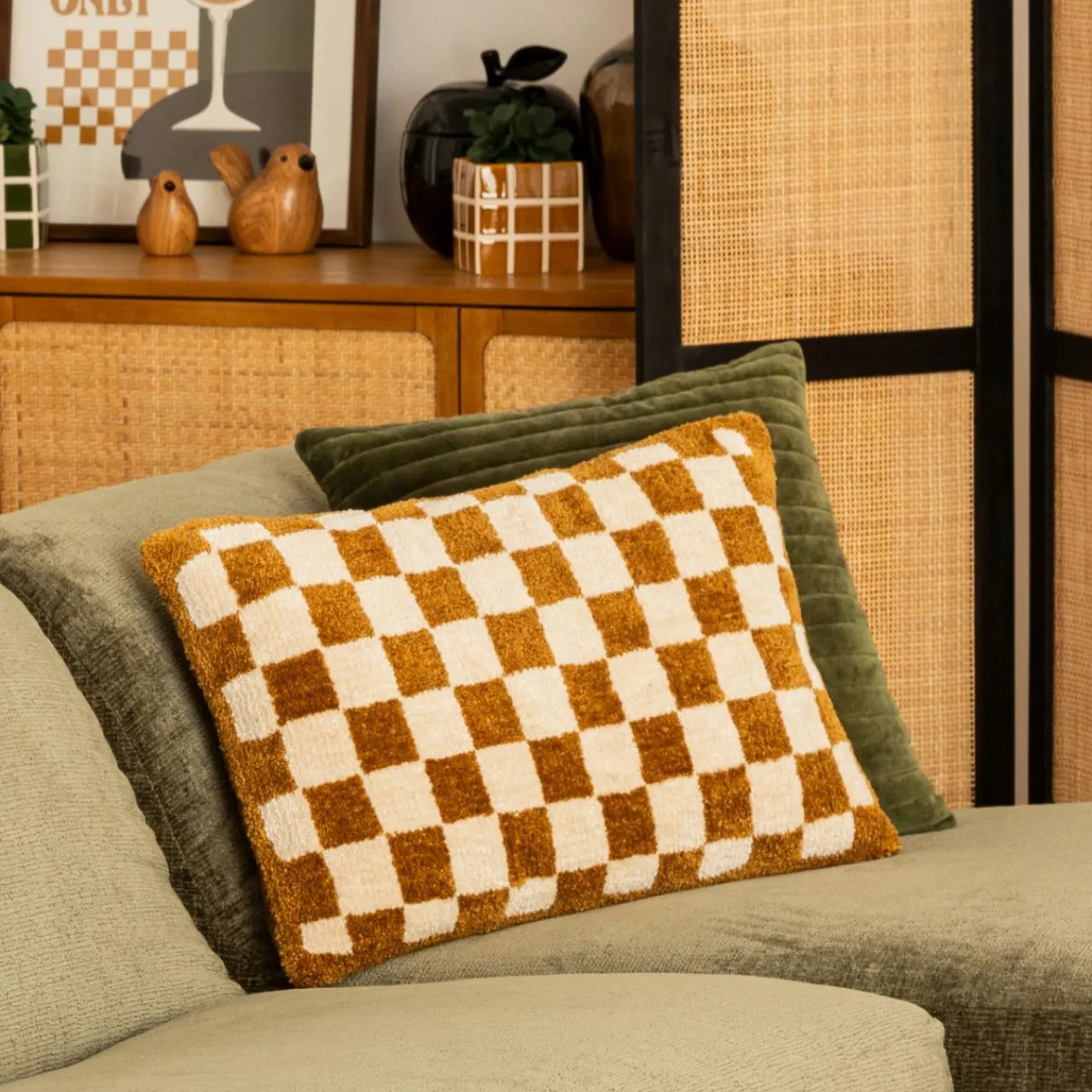 Atmosphera, cru017dateur d'intu017drieur Coussin rectangulaire tufté (38 x 58 cm) Damier Jaune ocre Discount