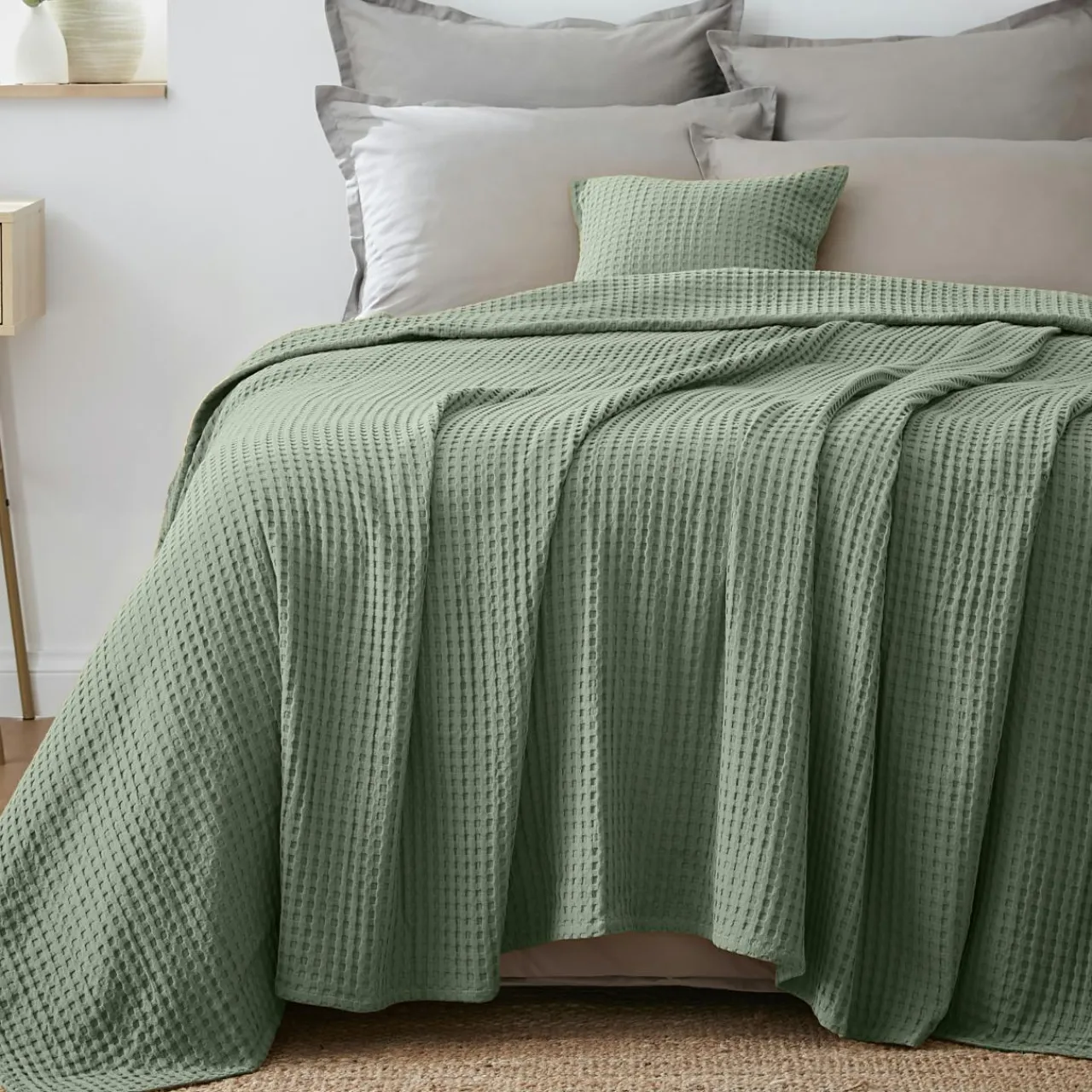EMINZA Couvre-lit coton nid d'abeille (180 x 220 cm) Maya Vert romarin Sale