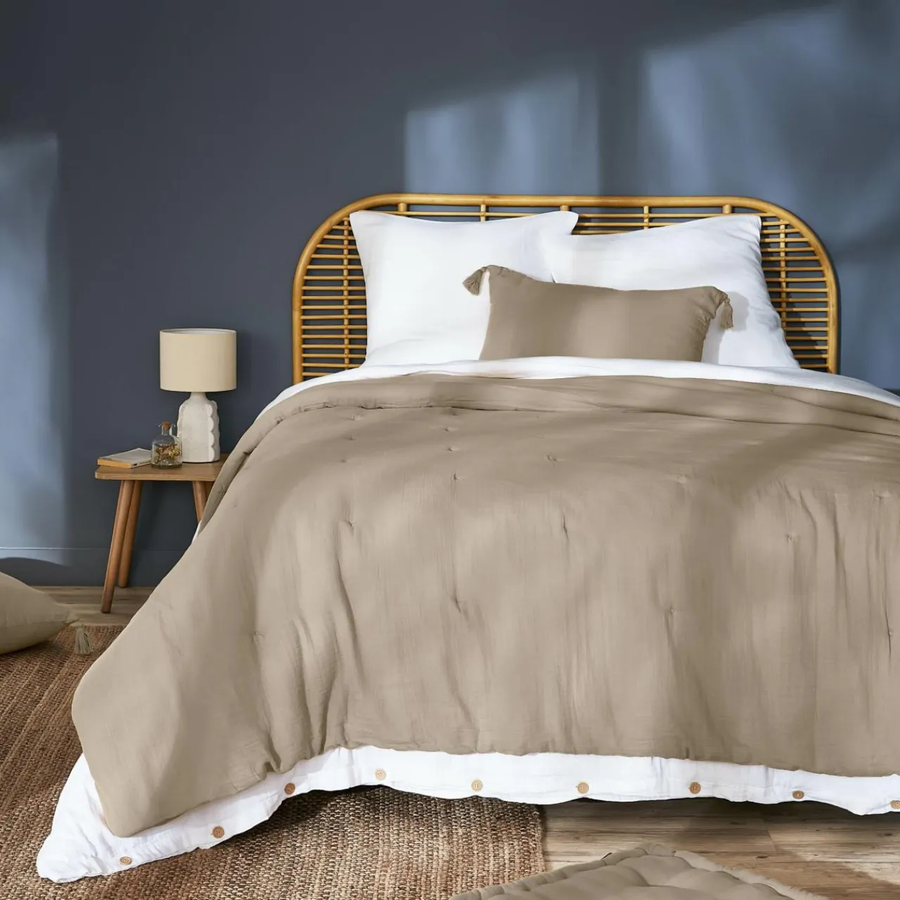 EMINZA Couvre-lit matelassé gaze de coton (240 x 220 cm) Gaïa Ficelle Discount