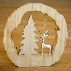 KAEMINGK Décoration en bois (H14 cm) Renne et sapin Bois blond Naturel Clearance