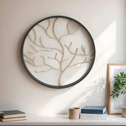 EMINZA Décoration murale ronde en métal (D28 cm) Arbre contemporain et doré Noir Best