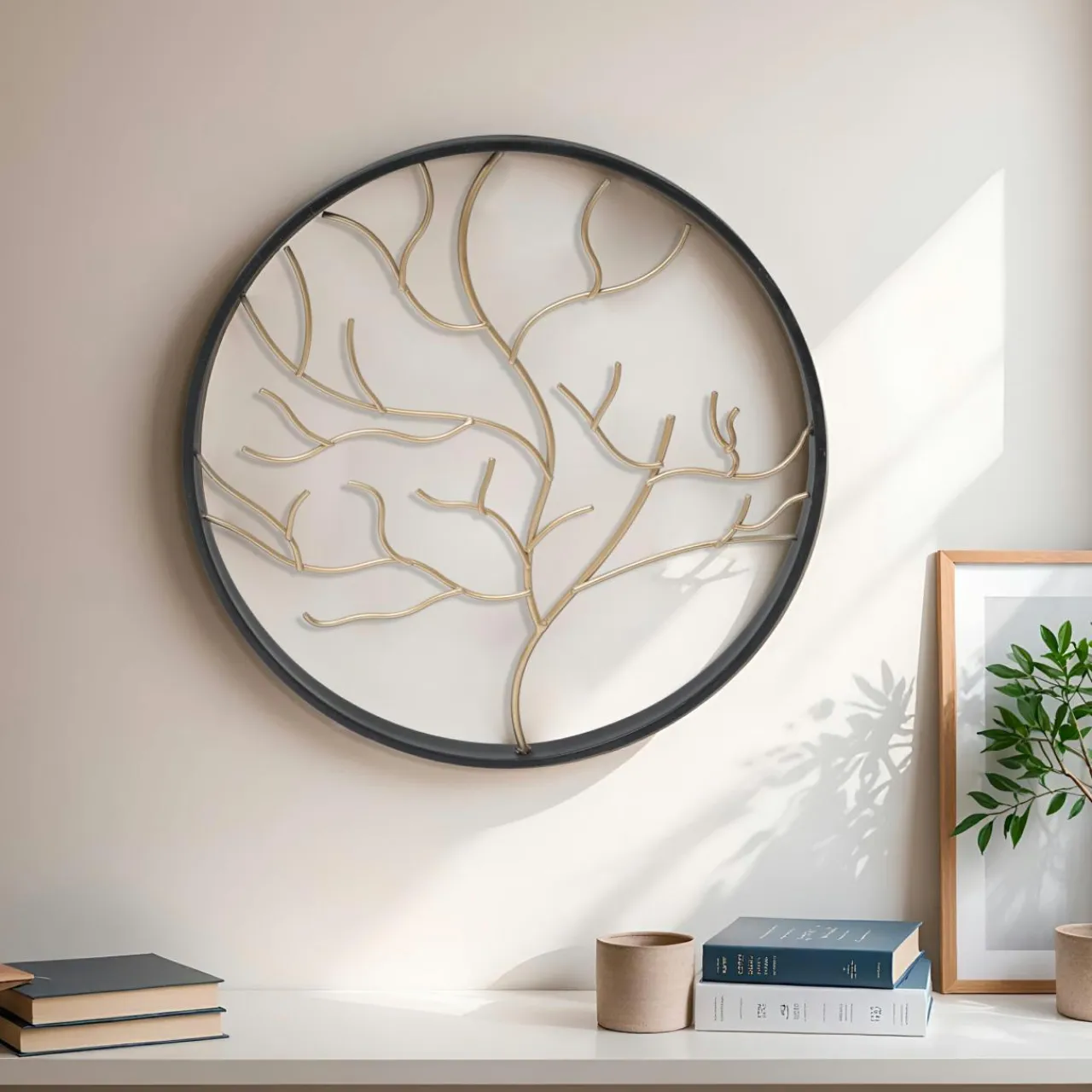 EMINZA Décoration murale ronde en métal (D28 cm) Arbre contemporain et doré Noir Best