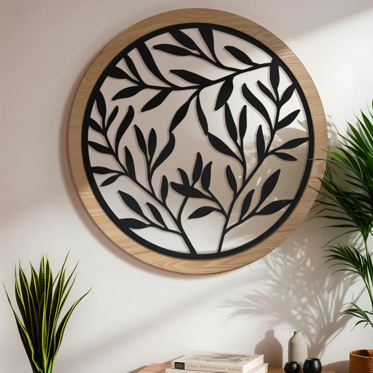 EMINZA Décoration murale ronde en métal (D60 cm) Éclat de Feuille Noir Outlet