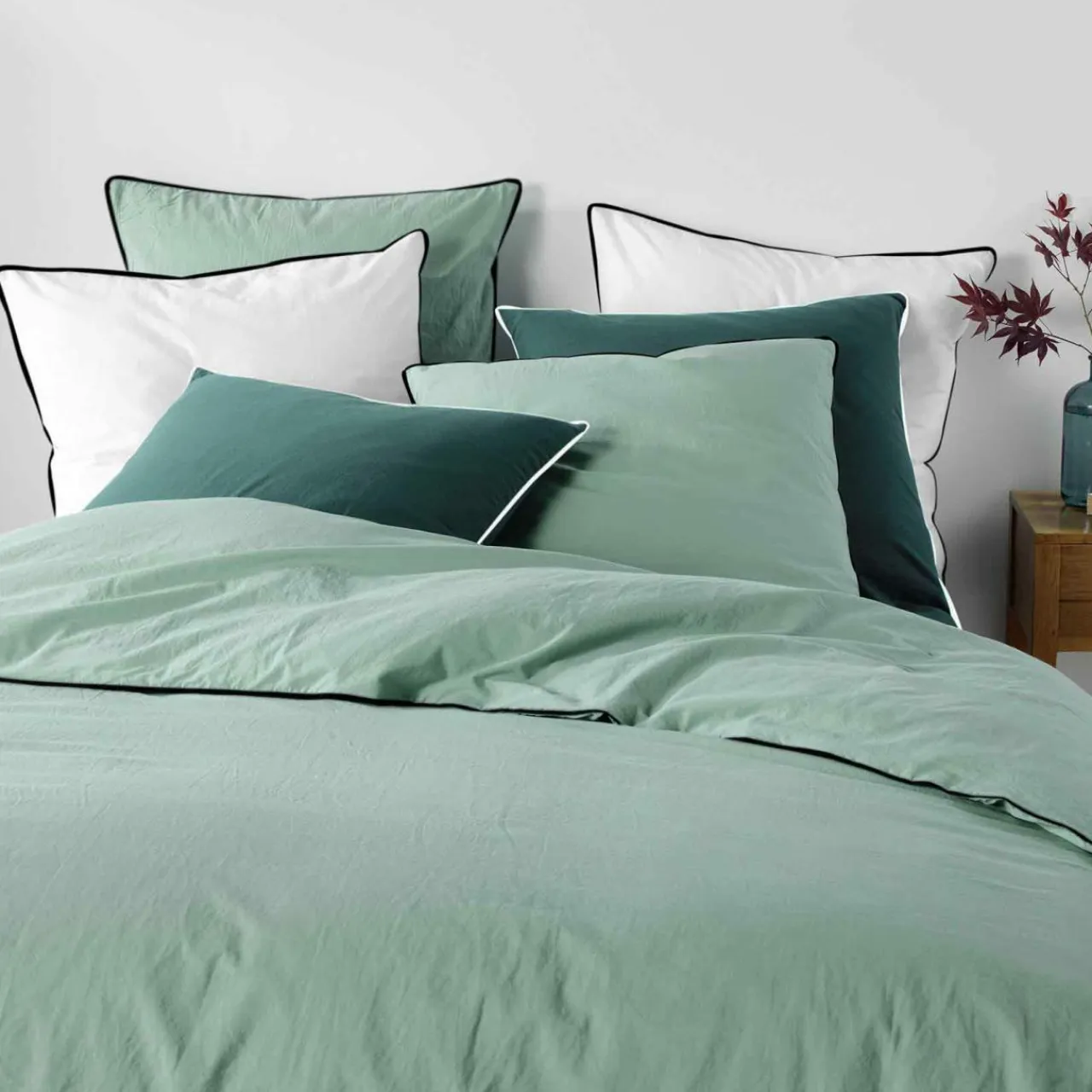 DOUCEUR D'INTERIEUR Drap housse coton lavé (160 x 200 cm) Linette Vert sauge Hot
