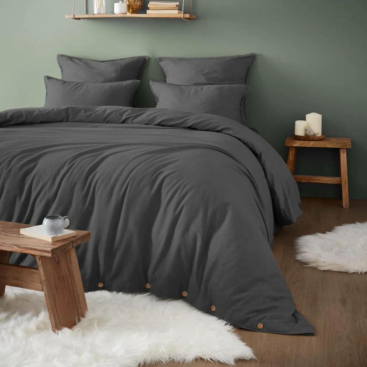 EMINZA Drap housse flanelle de coton (200 x 200 cm) Nina Gris Anthracite New