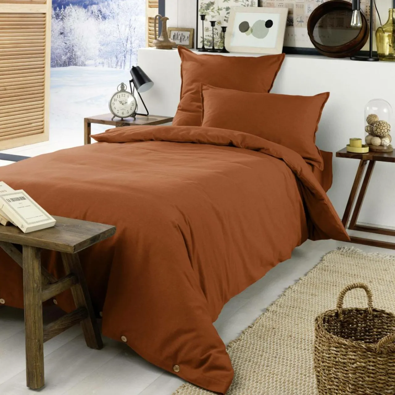EMINZA Drap housse flanelle de coton (90 x 190 cm) Nina Terracotta New