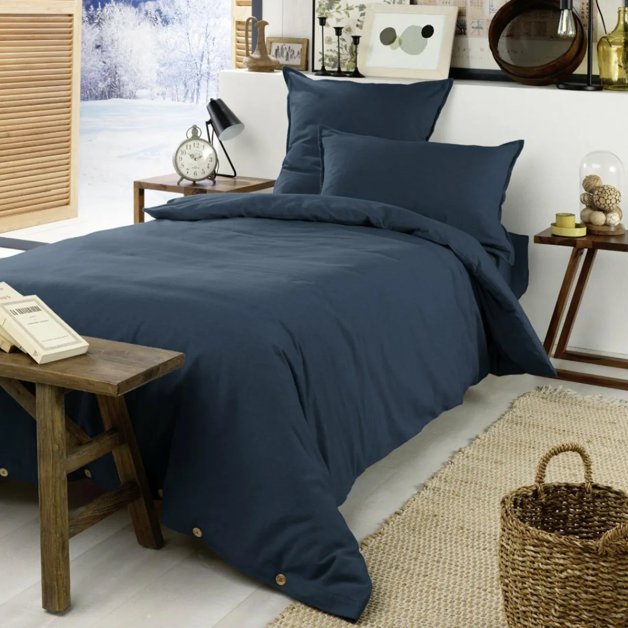 EMINZA Drap housse flanelle de coton (90 x 190 cm) Théa Bleu nuit New